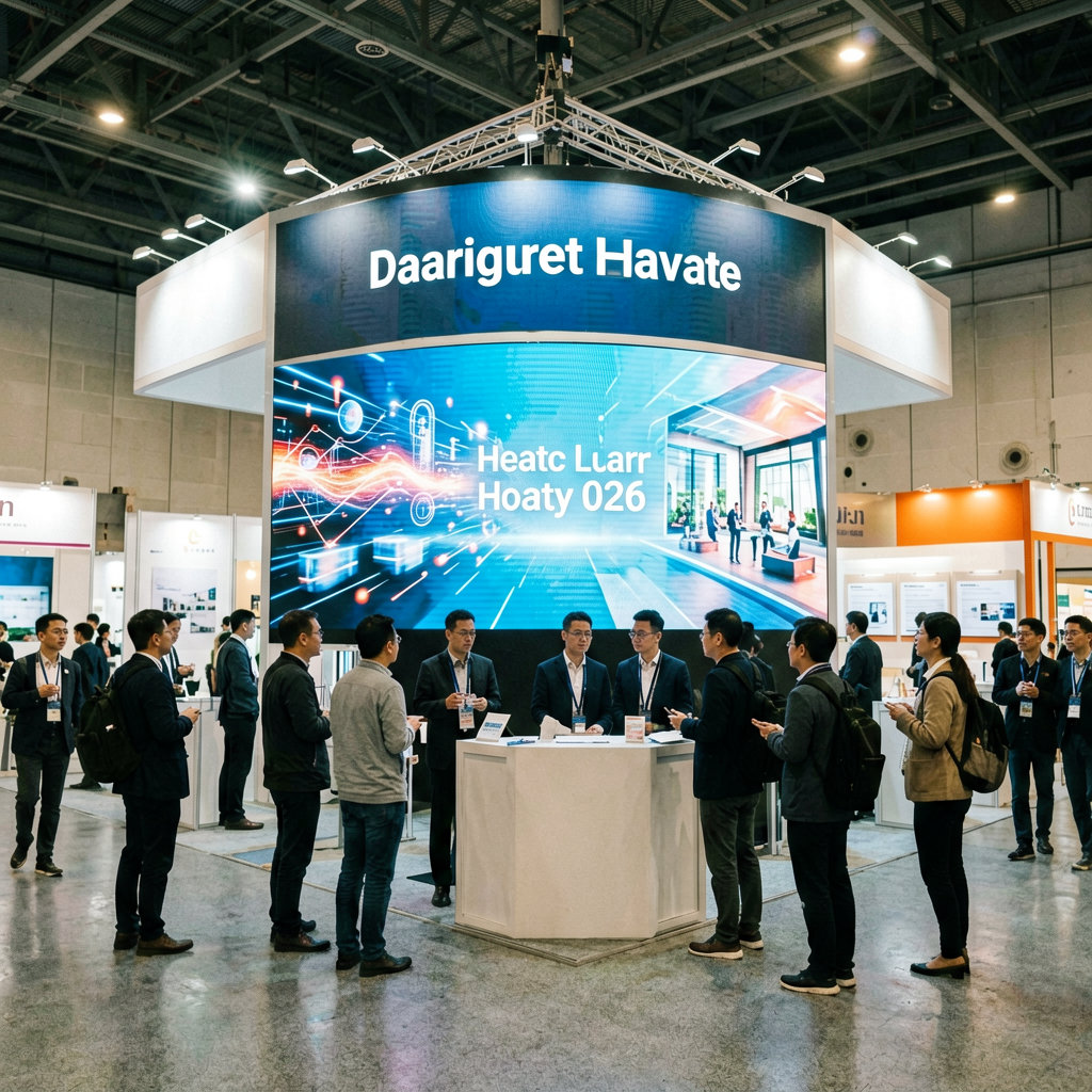 Realistic trade show exhibition hall with LED display at corporate booth controlled by Huidu HD-VP620