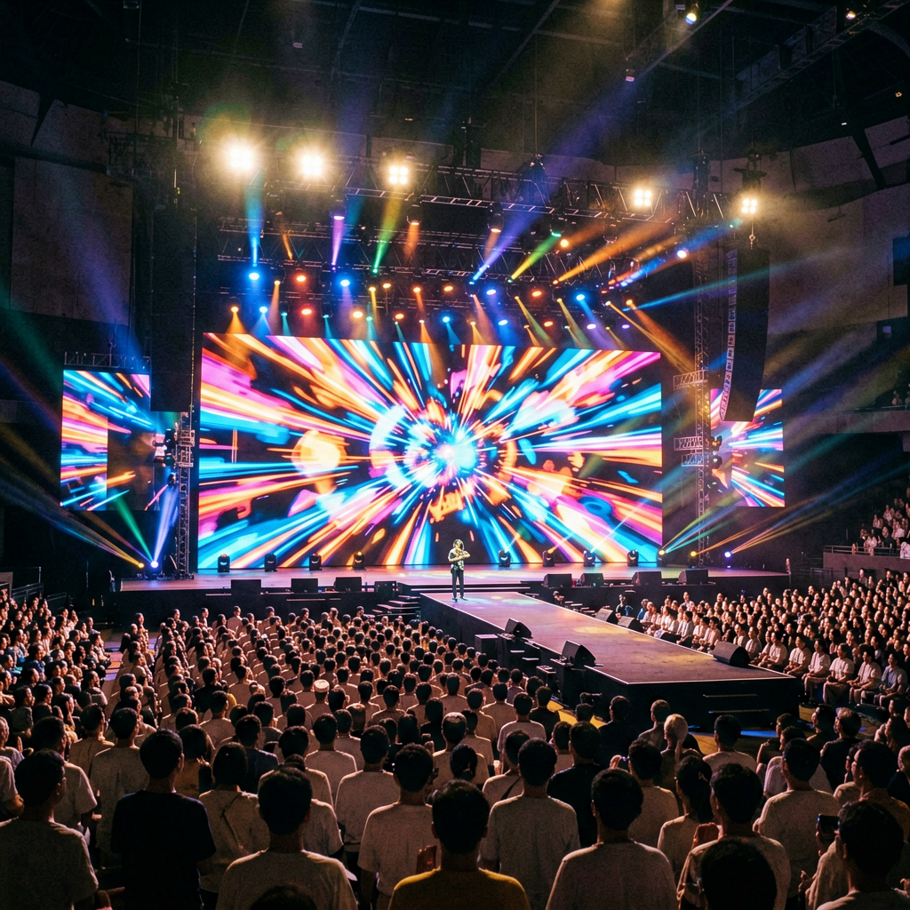 Realistic concert stage with giant LED display wall powered by Huidu HD-VP620 6-port LED controller