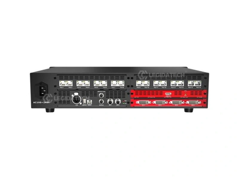 Colorlight X16 rear panel showing 16 RJ45 Ethernet outputs HDMI DVI SDI input ports and Genlock interfaces