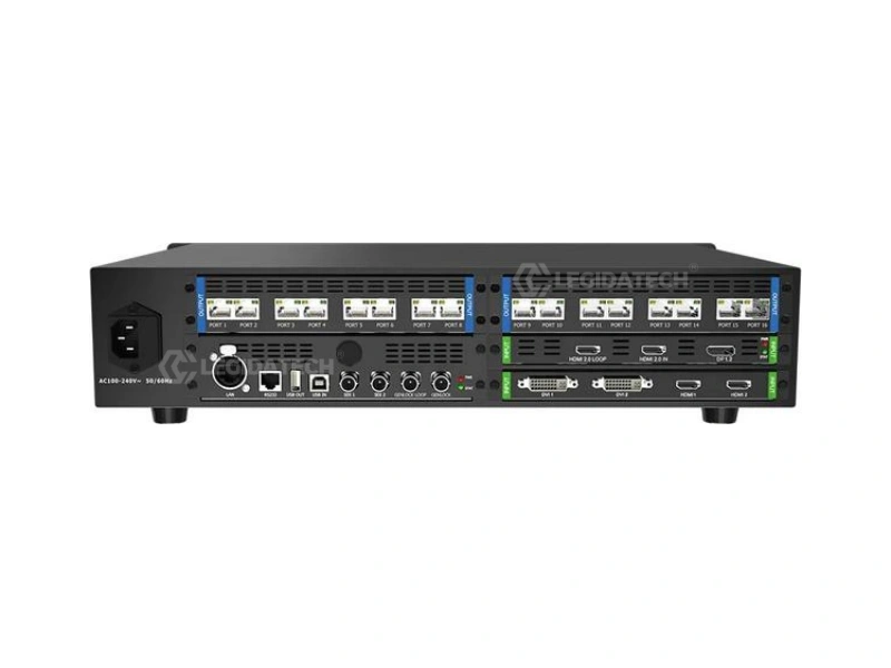 Colorlight X16 rear panel with 16 Ethernet ports HDMI DVI SDI Genlock and USB interfaces