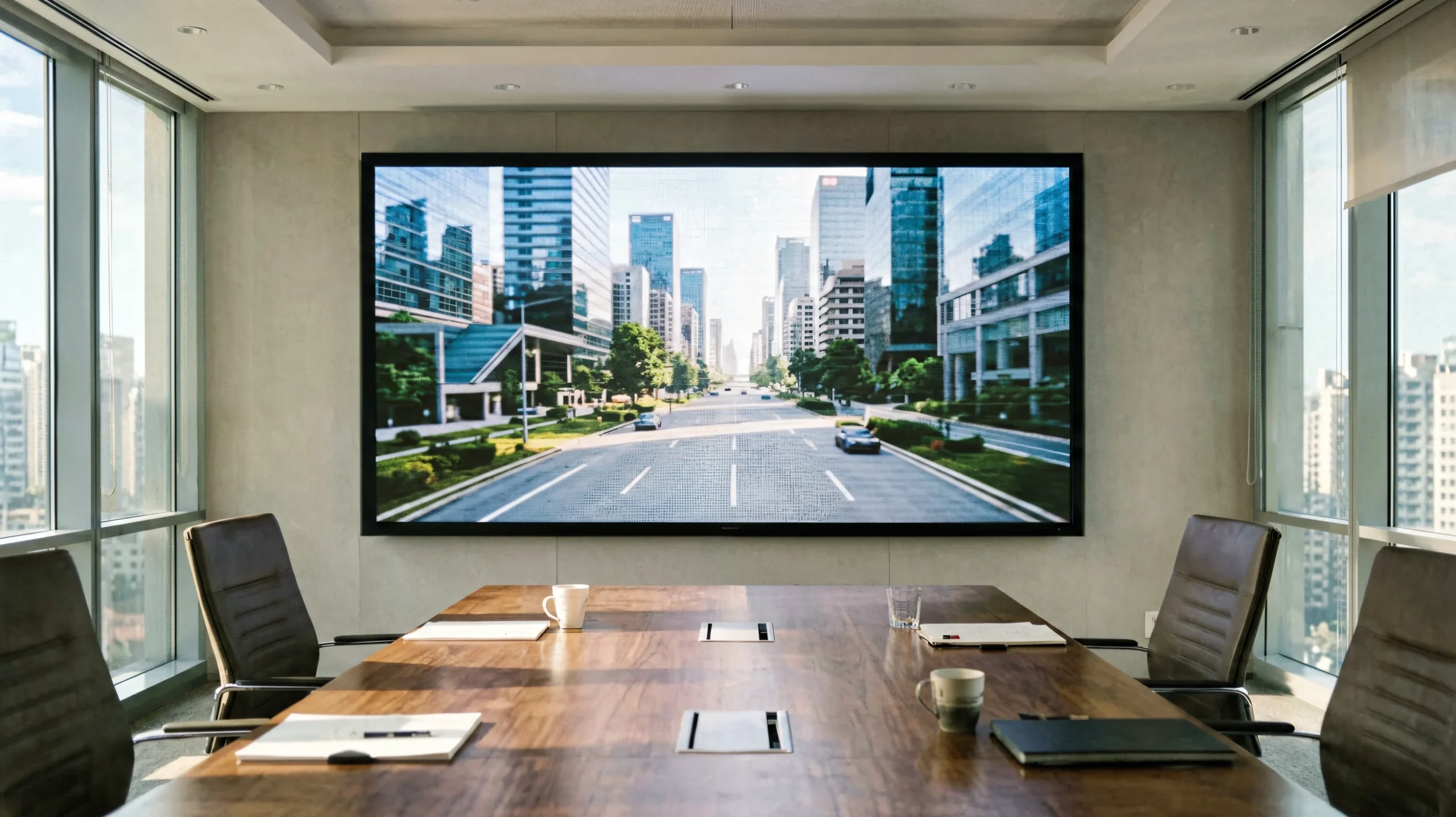 Modern corporate boardroom with seamless fine-pitch LED video wall display professional meeting room