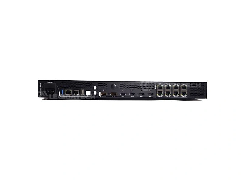 Colorlight X8m rear panel showing DP HDMI input ports 8 RJ45 Ethernet outputs and USB interfaces