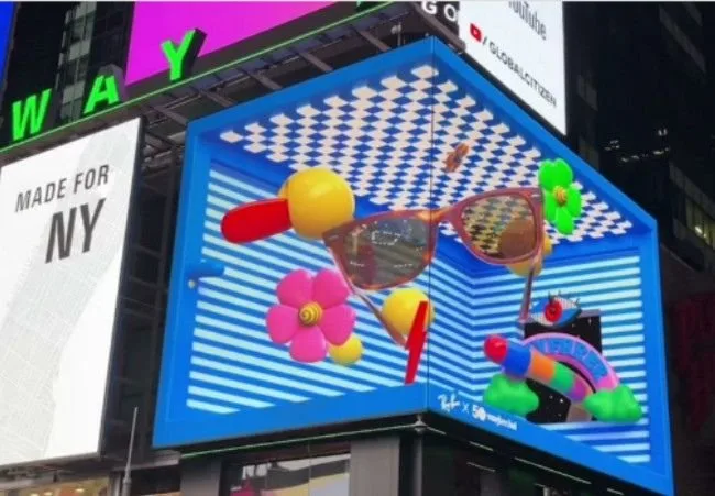 3D LED billboard showing balloons popping out of the screen for advertising