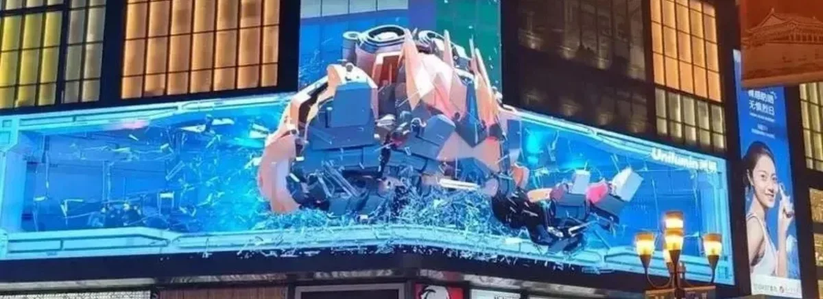 Wide-angle view of a 3D LED billboard playing giant figure content
