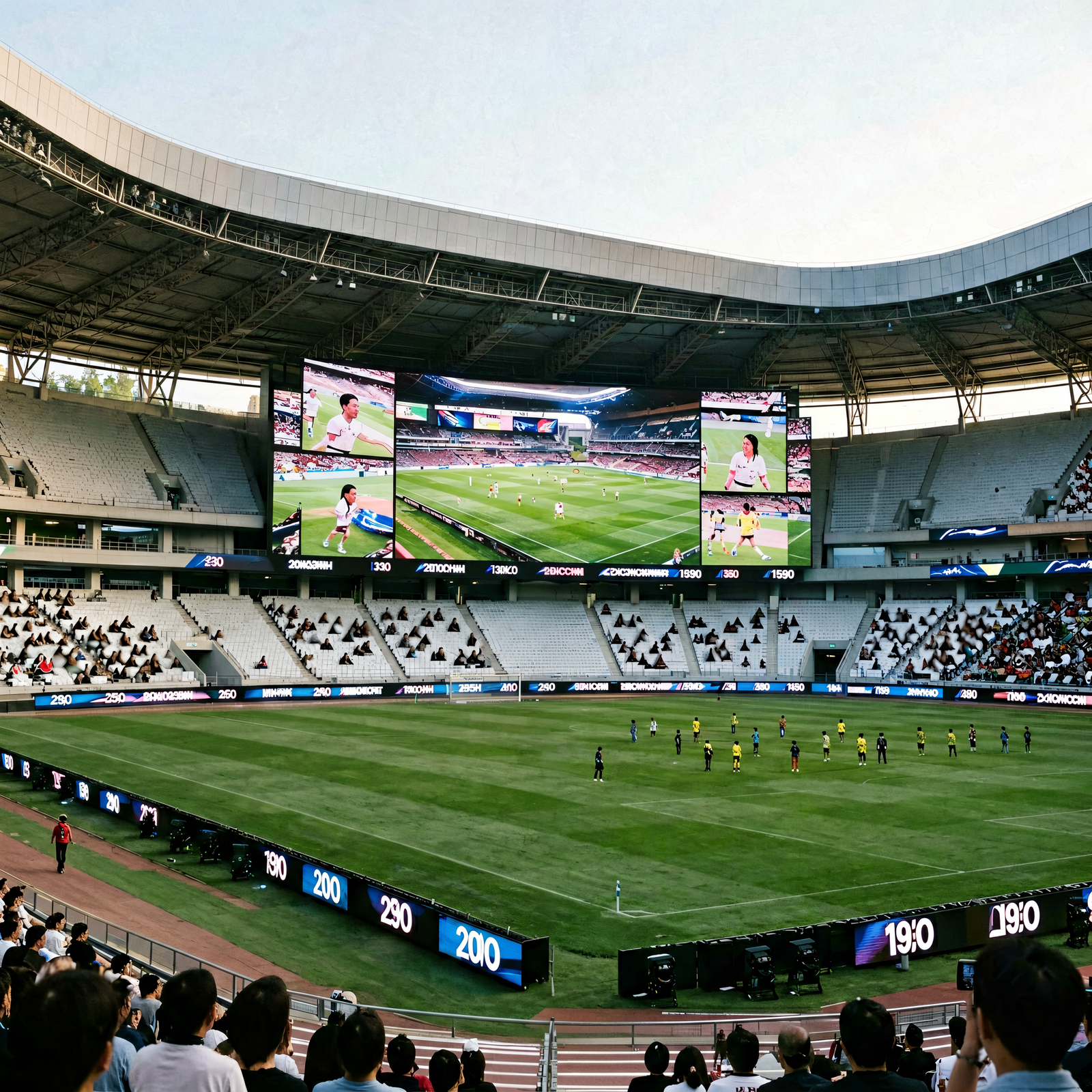 Large sports stadium LED perimeter display and video wall powered by Huidu HD-A6L with HDMI splicing multi-screen synchronization