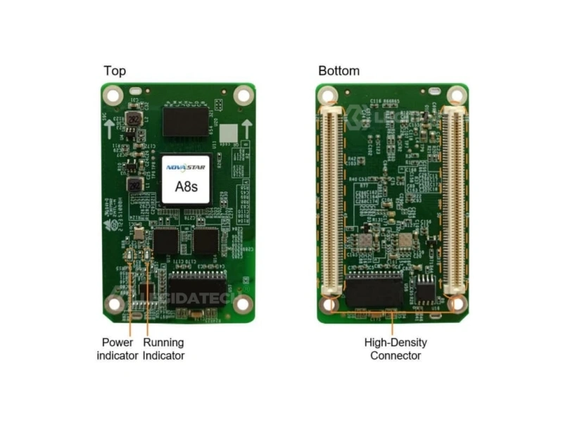 Top view of A8s receiving card showing NovaStar chipset high-density connectors and EMC Class B compliant PCB design