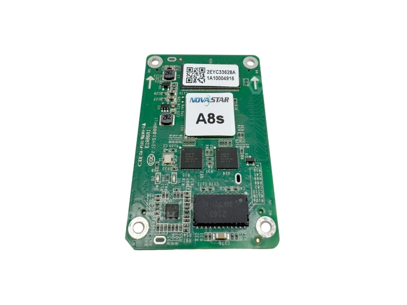 A8s receiving card high-density connector pin layout close-up showing 32-group parallel RGB data interface dual Ethernet ports and backup card communication pins