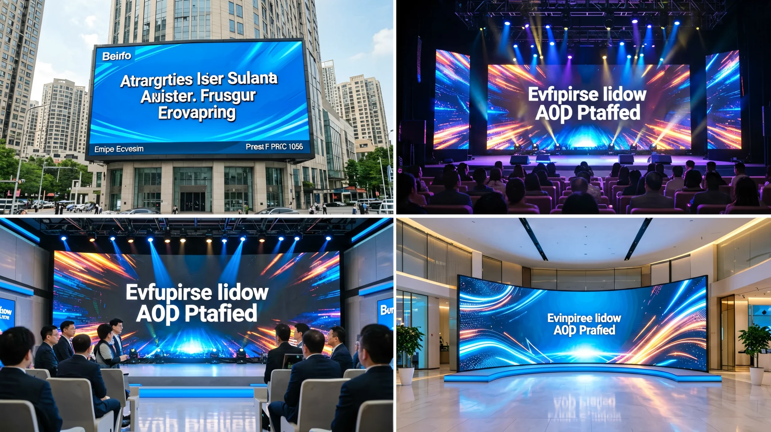 Four-panel collage showing A8s receiving card applications in fixed installation retail display rental stage concert broadcast studio and creative LED screen