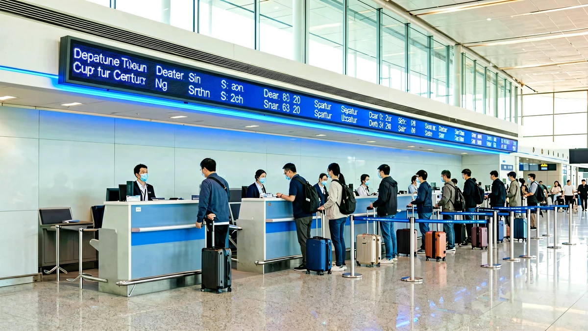 Slim LED ticker display above airport check-in counters