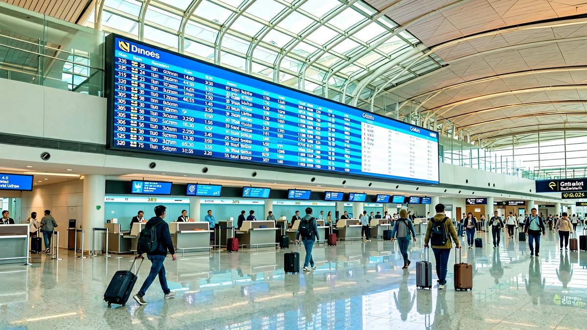 Large LED flight information wall in an airport departure hall with passengers