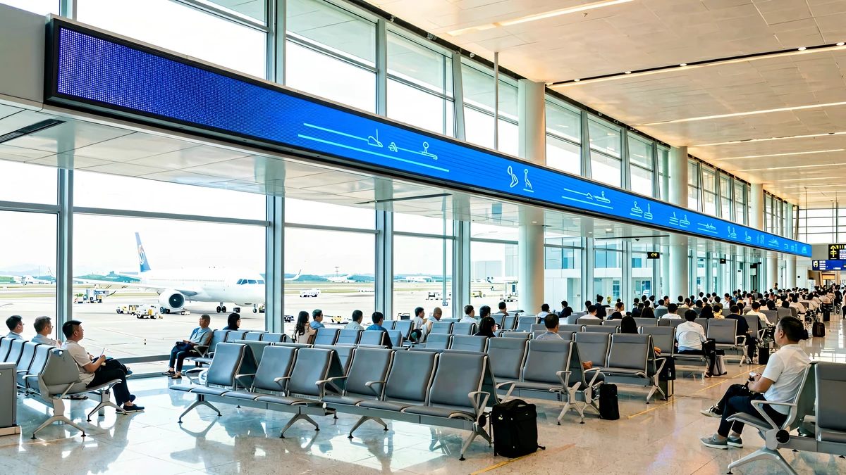 Wide thin LED display ribbon above airport departure gates