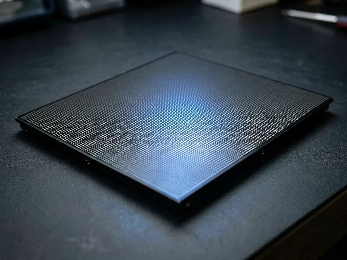 COB LED display module panel with fine pixel grid under matte protective coating