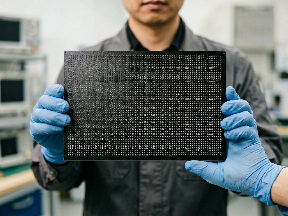 Primer plano de un módulo de pantalla LED individual sostenido en la mano, que muestra la cuadrícula de píxeles LED.