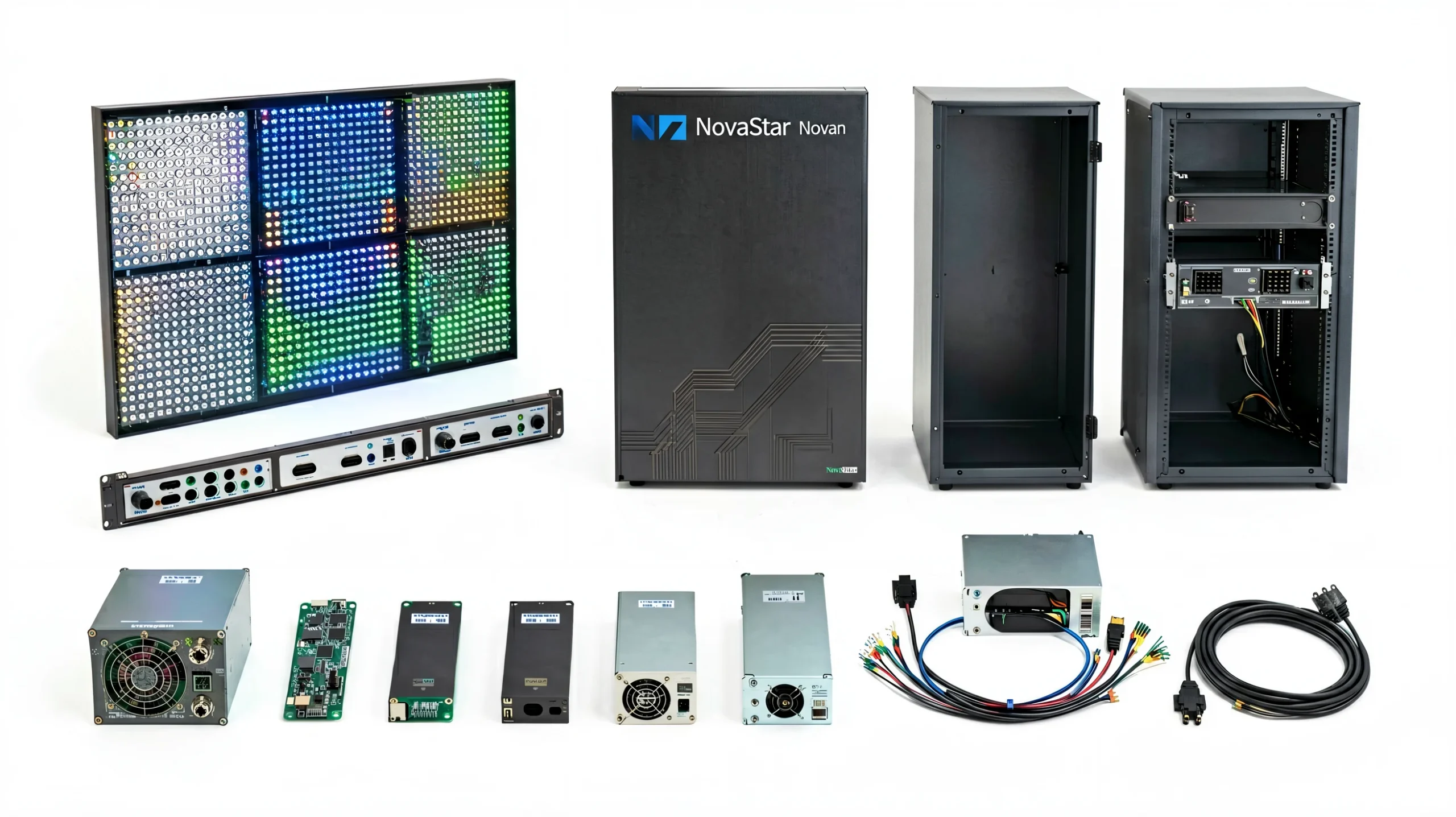 Complete LED display system diagram showing LED modules cabinets NovaStar controller receiving cards power supplies and mounting structure — all components working together