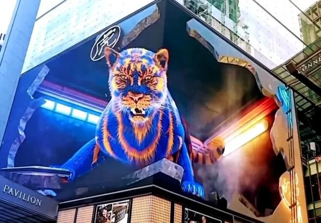 L-shaped corner naked eye 3D LED screen with tiger 3D animation on a building corner