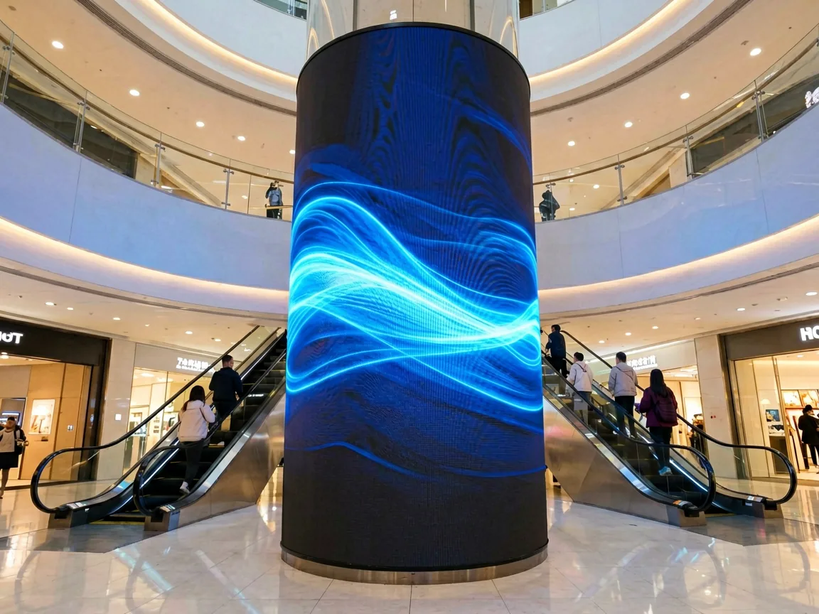 Sculptural curved LED display wall in a modern shopping mall