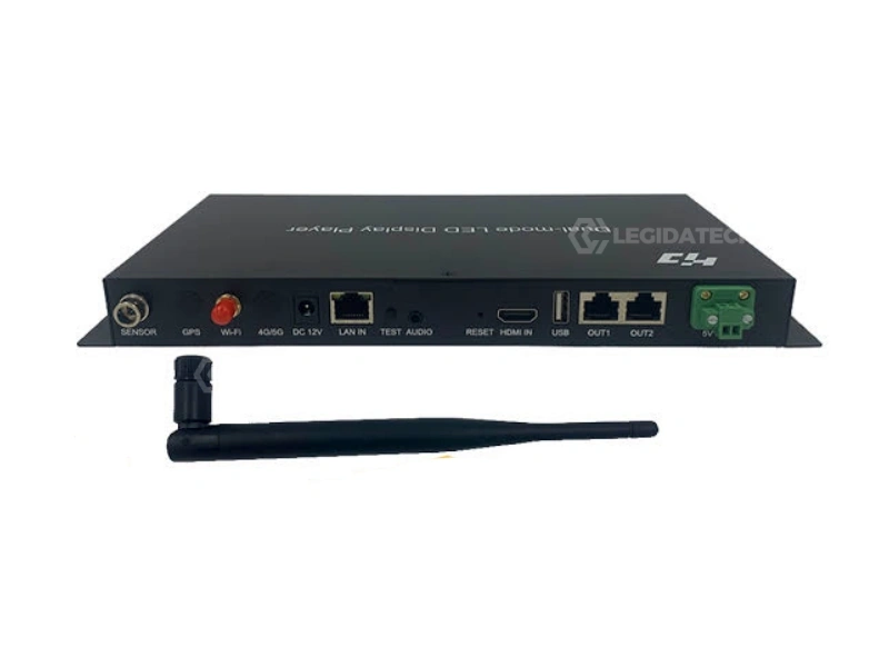 HD-A5 dual-mode controller connected to LED display system showing both async playback and HDMI live input modes