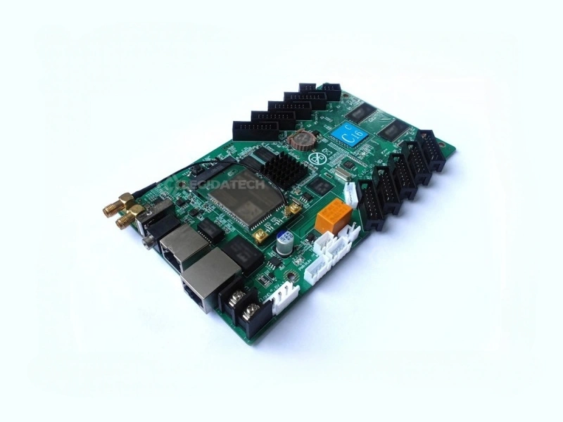 Huidu HD-C16C Wi-Fi asynchronous LED control card angled view showing 10 HUB75E ports and compact PCB form factor