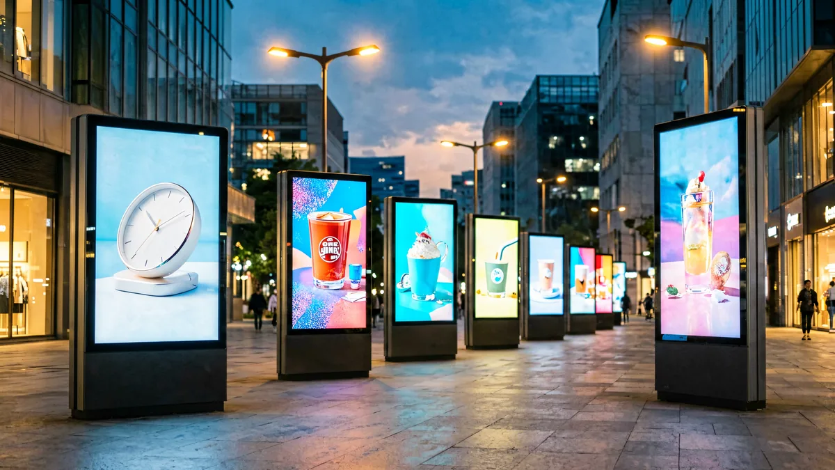 Row of LED advertising screens on a modern shopping street at dusk showing colorful visuals, powered by Huidu controllers