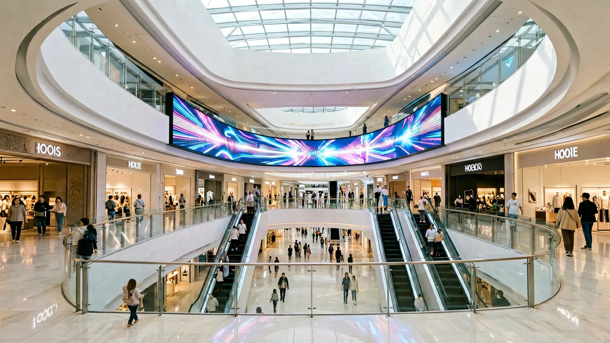 Curved LED display inside a modern shopping mall atrium with retail stores, managed by a Huidu LED control system