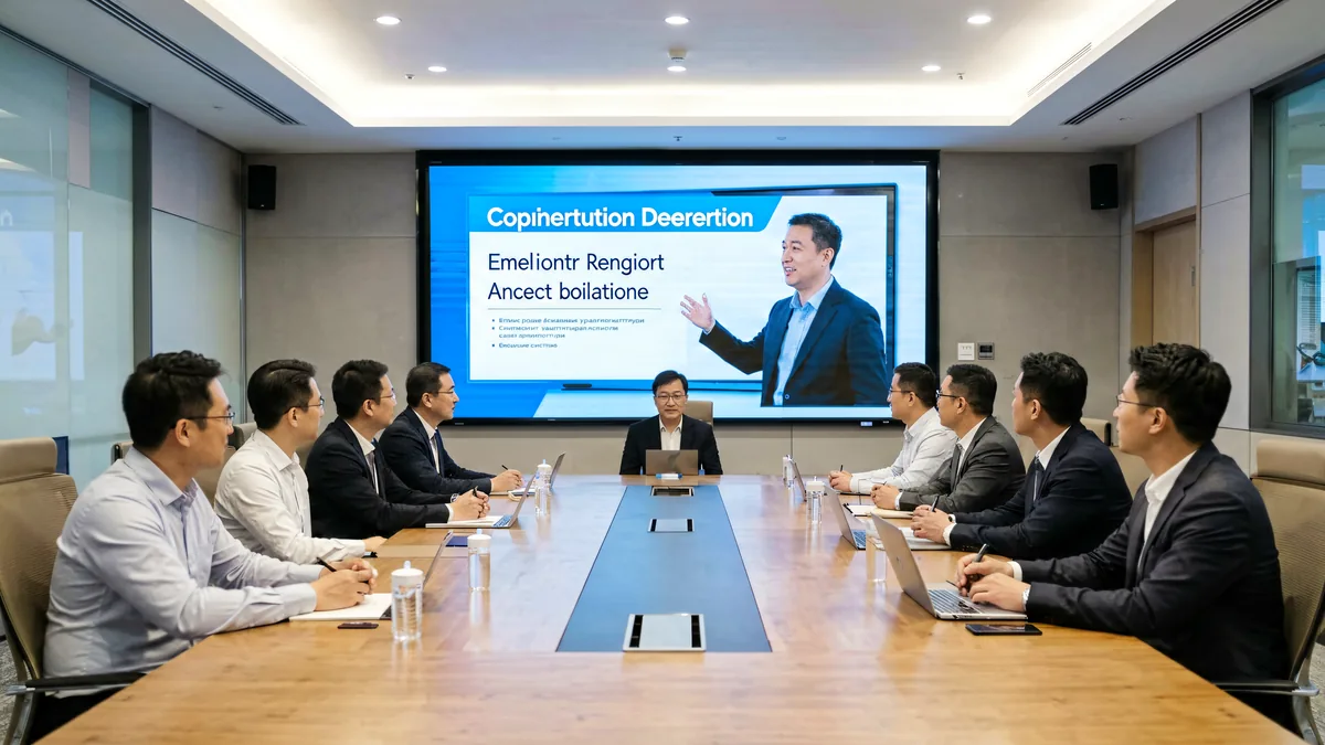 Modern conference room with a large LED display wall showing a presentation and delegates seated, driven by a Huidu video processor