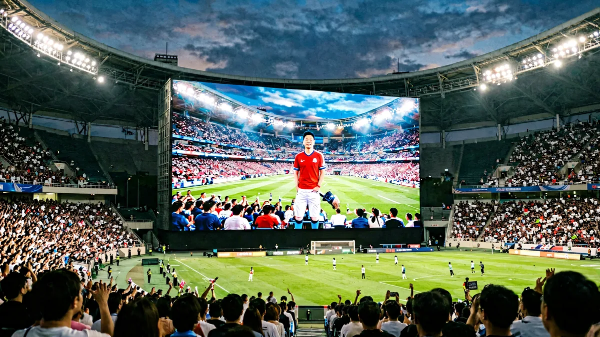 Large LED screen inside a sports stadium showing a live event broadcast with crowd in the stands, powered by Huidu control systems
