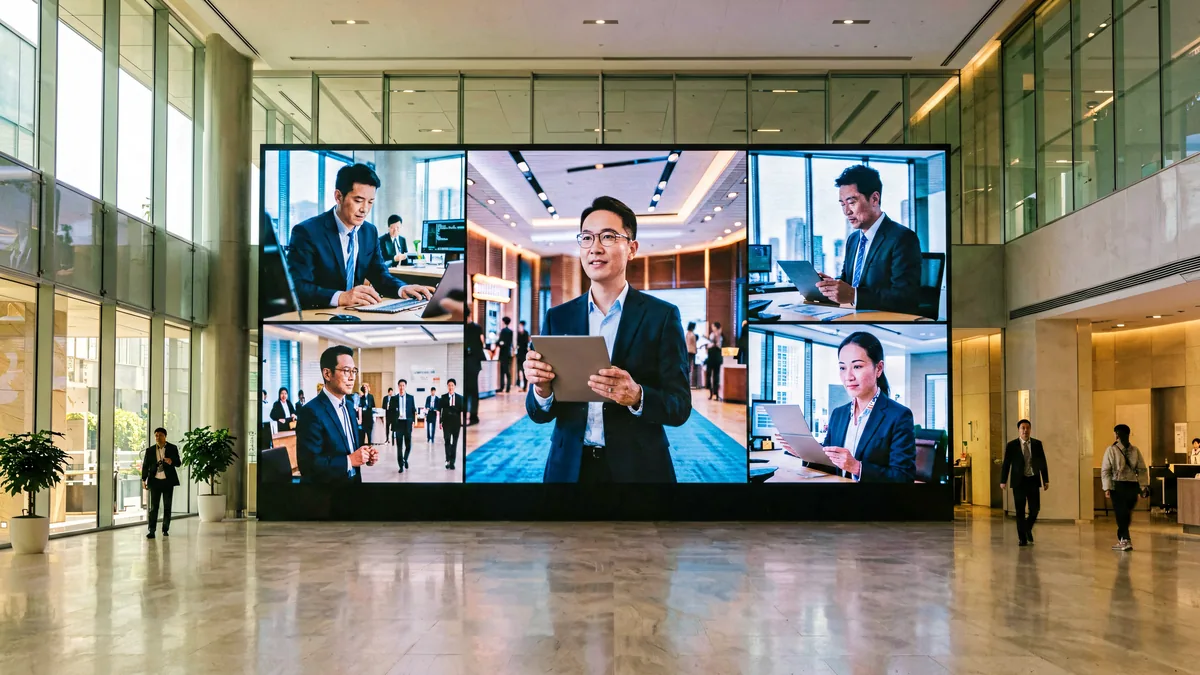Large indoor LED video wall in a modern corporate lobby showing vibrant visuals, driven by a Huidu LED control system