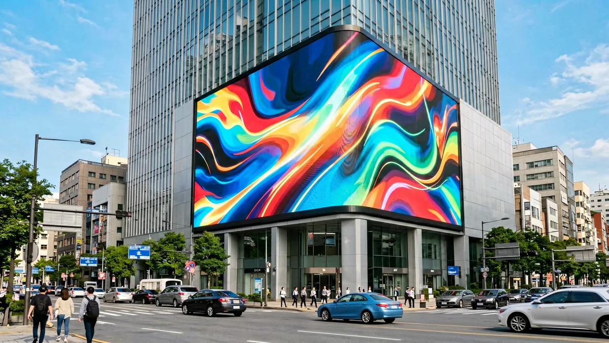 Large outdoor LED advertising billboard mounted on a commercial building above a city street, managed by a Huidu LED control system