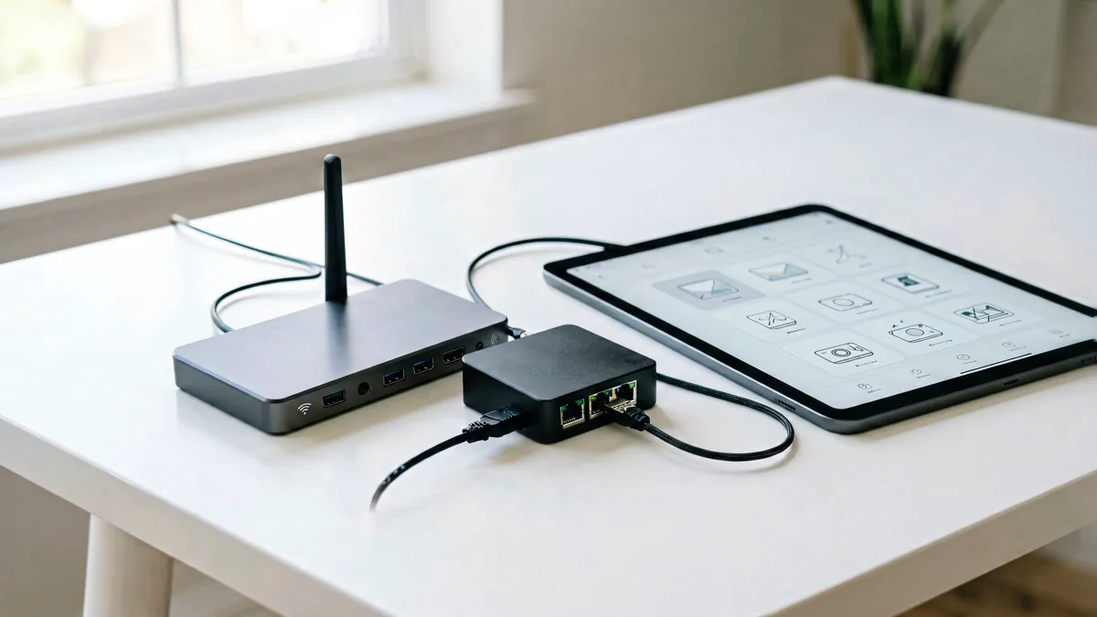 Huidu LED control card with Wi-Fi antenna and a video processor connected by Ethernet cable on a desk next to a configuration tablet