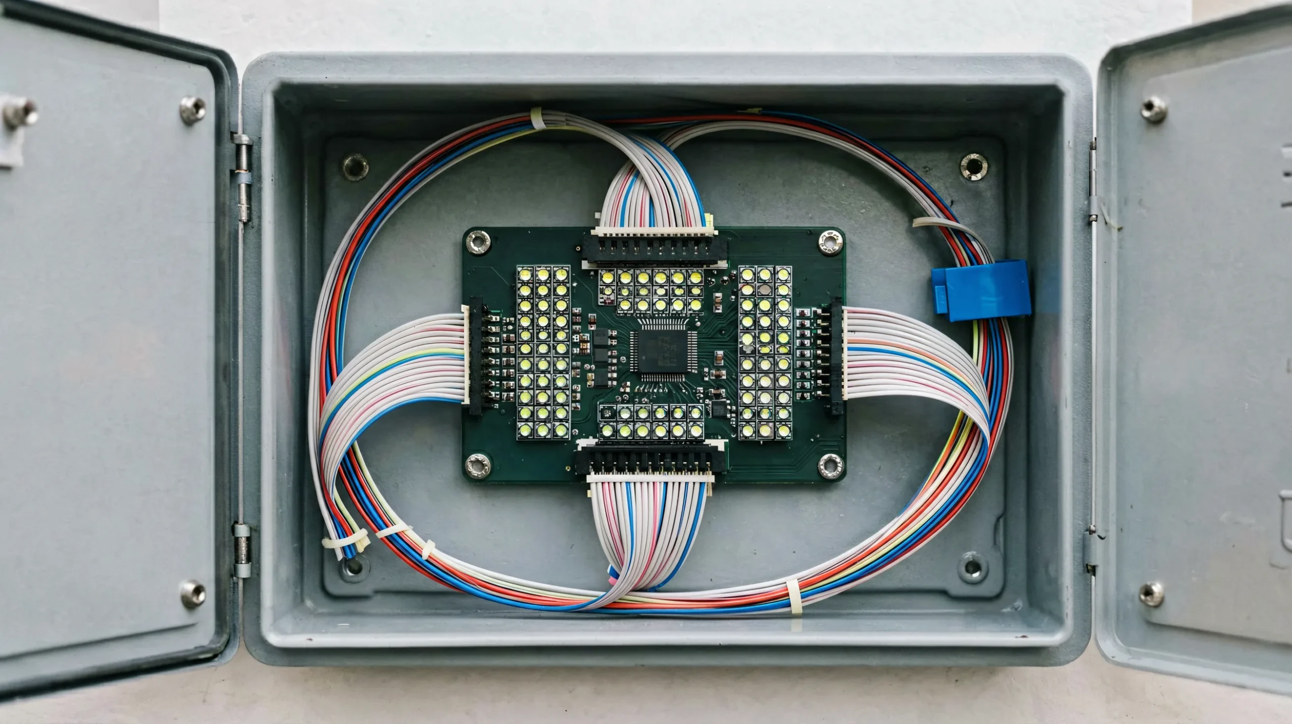 Huidu receiving card installed in an LED cabinet connected to display modules