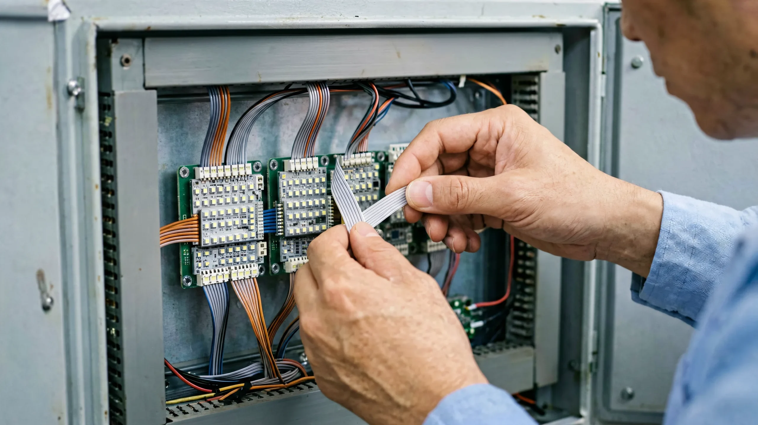 Technician checking cables and modules inside an open LED cabinet