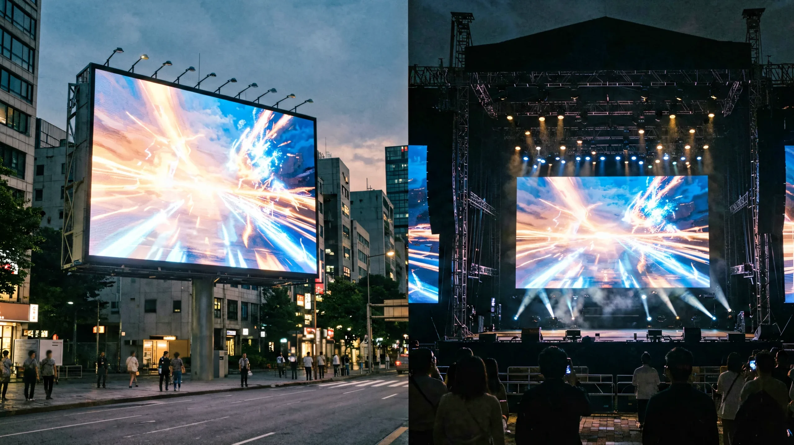 Outdoor billboard and concert stage LED scenarios showing asynchronous and synchronous control use cases