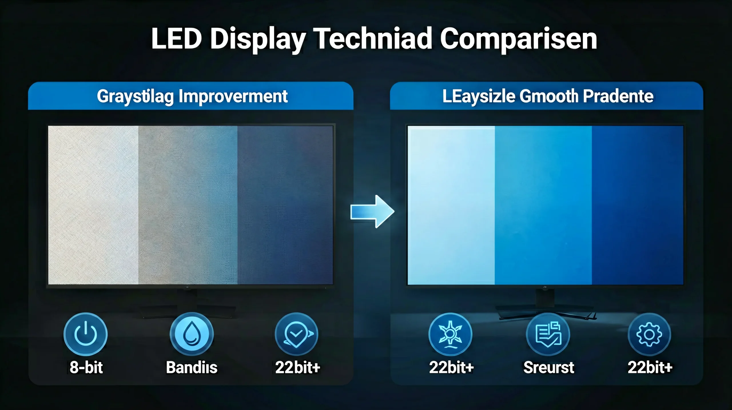 LED Image Booster technology comparison diagram showing grayscale improvement from standard 8-bit to 22bit+ enhanced output with visible banding elimination