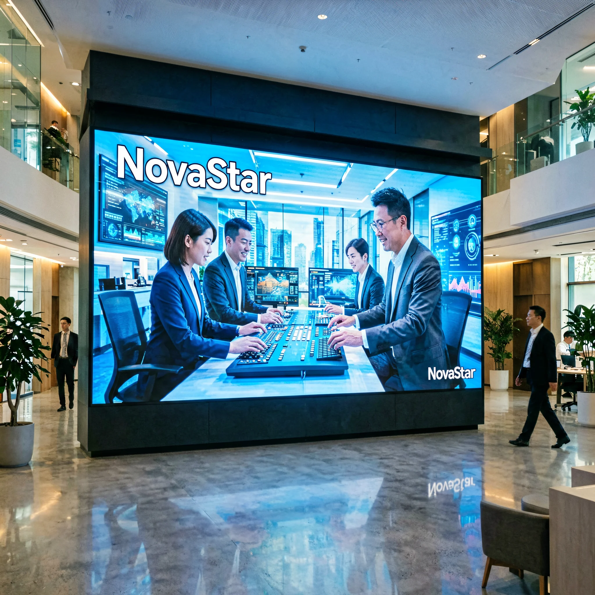 Indoor LED display with NovaStar control system in a modern corporate lobby showing vibrant business content