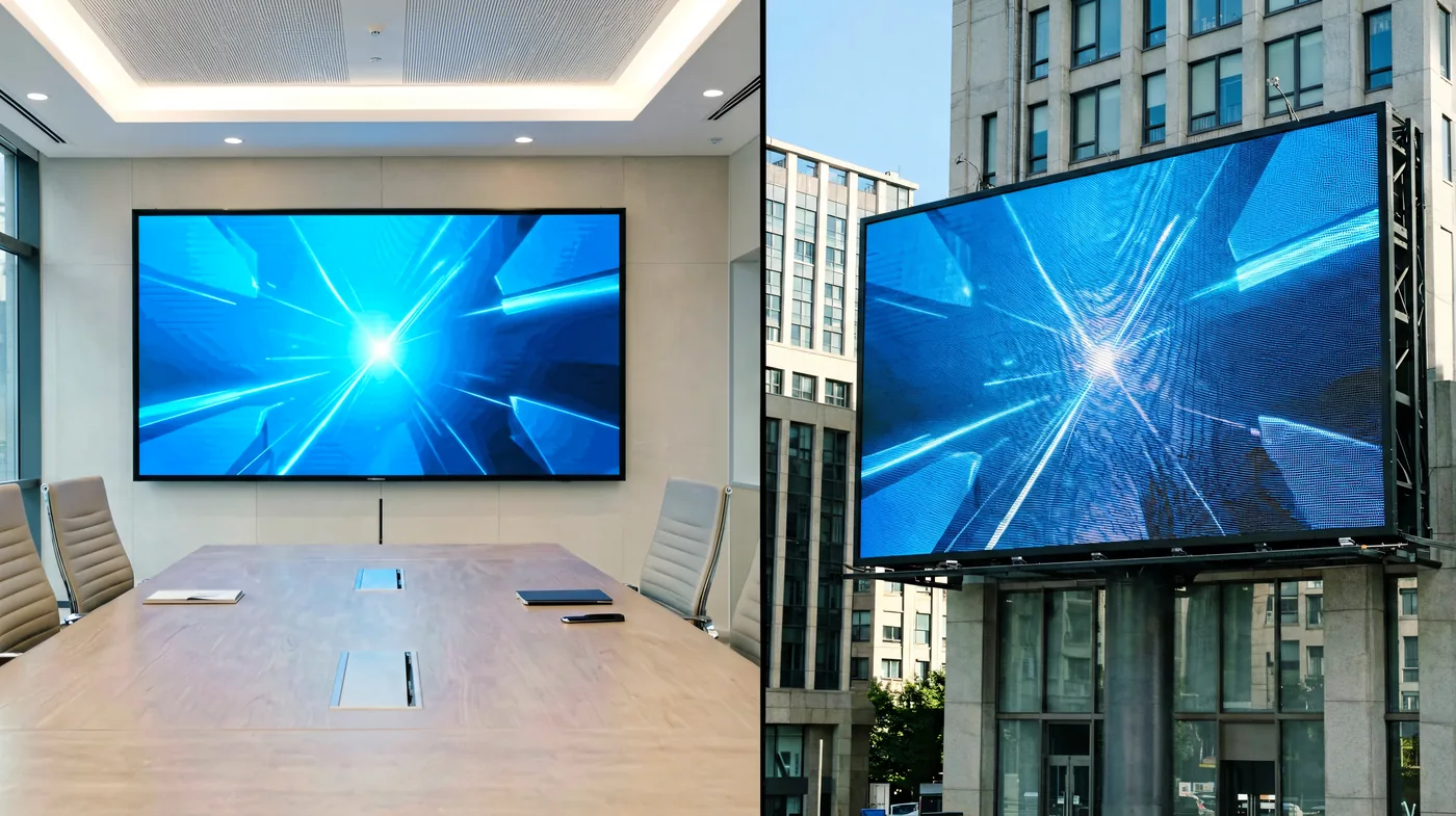 Indoor vs outdoor LED display solutions comparison showing video wall and billboard side by side