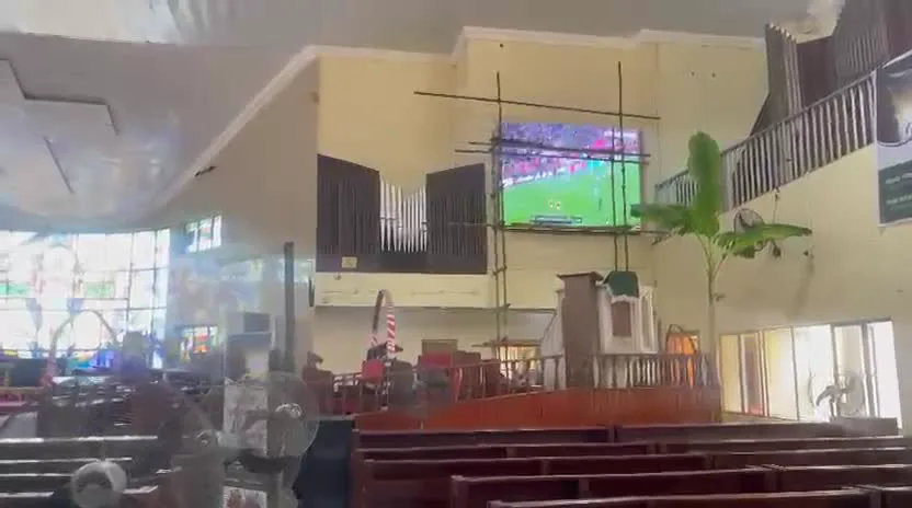 Close-up video still of LED screen suspended in the sanctuary at Hoares Memorial Methodist Cathedral, Sabo Yaba Lagos