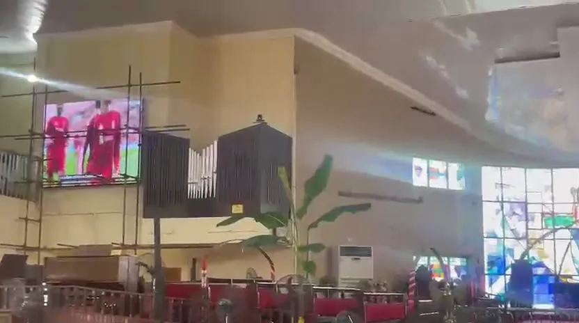 Video still showing large LED display inside the worship hall at Hoares Memorial Methodist Cathedral, Lagos Nigeria
