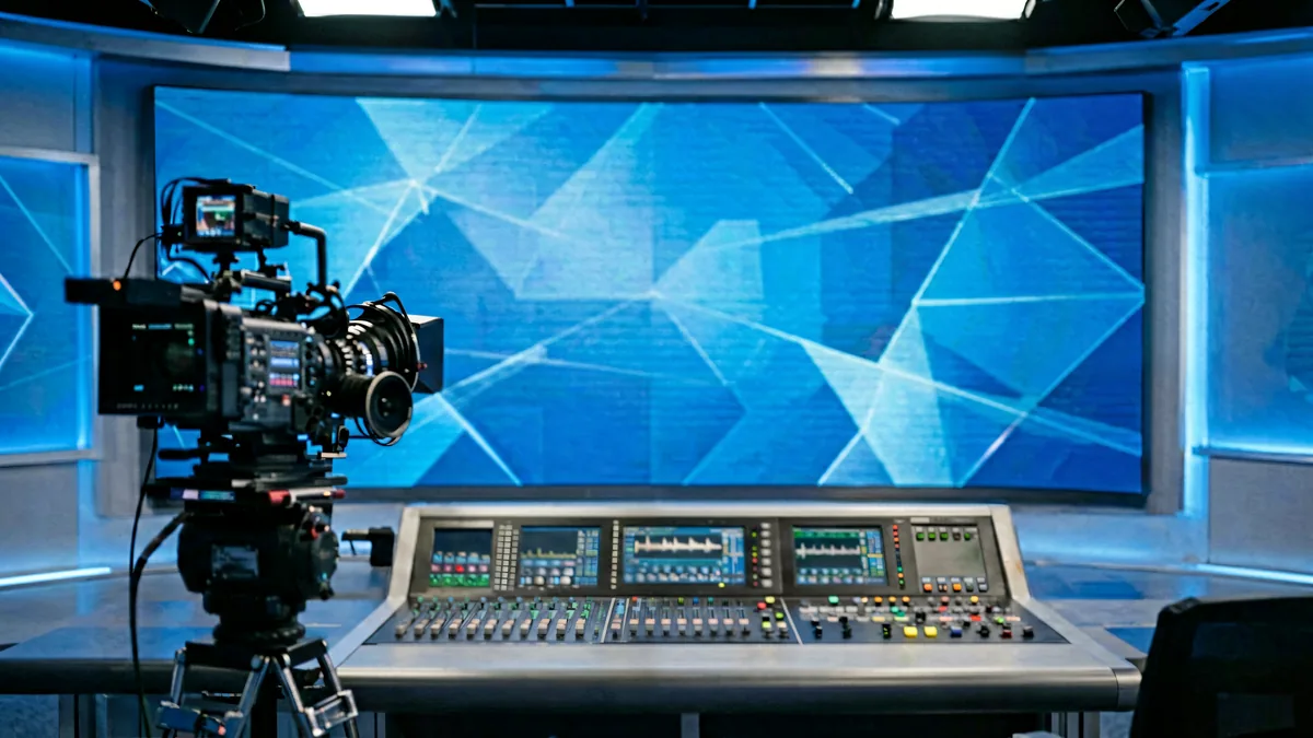 LED video wall in a broadcast studio with camera and control desk