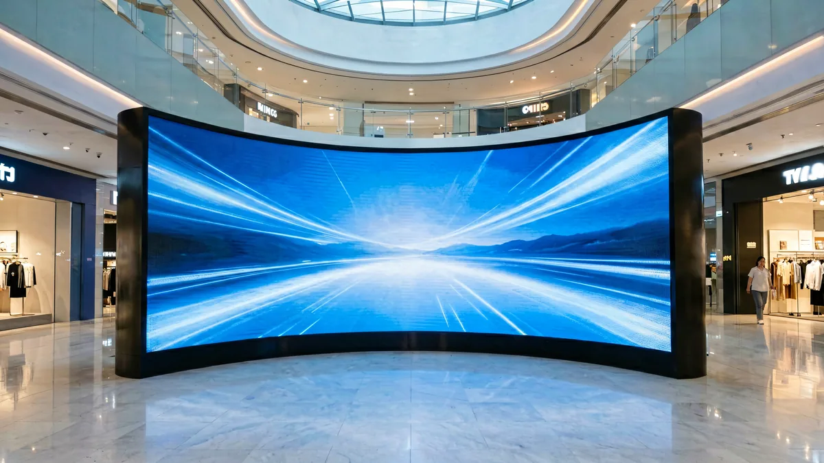 Curved LED display inside a modern shopping mall atrium