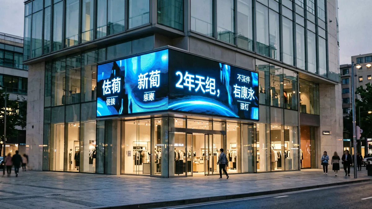 DOOH LED display on a retail storefront glass facade in the evening