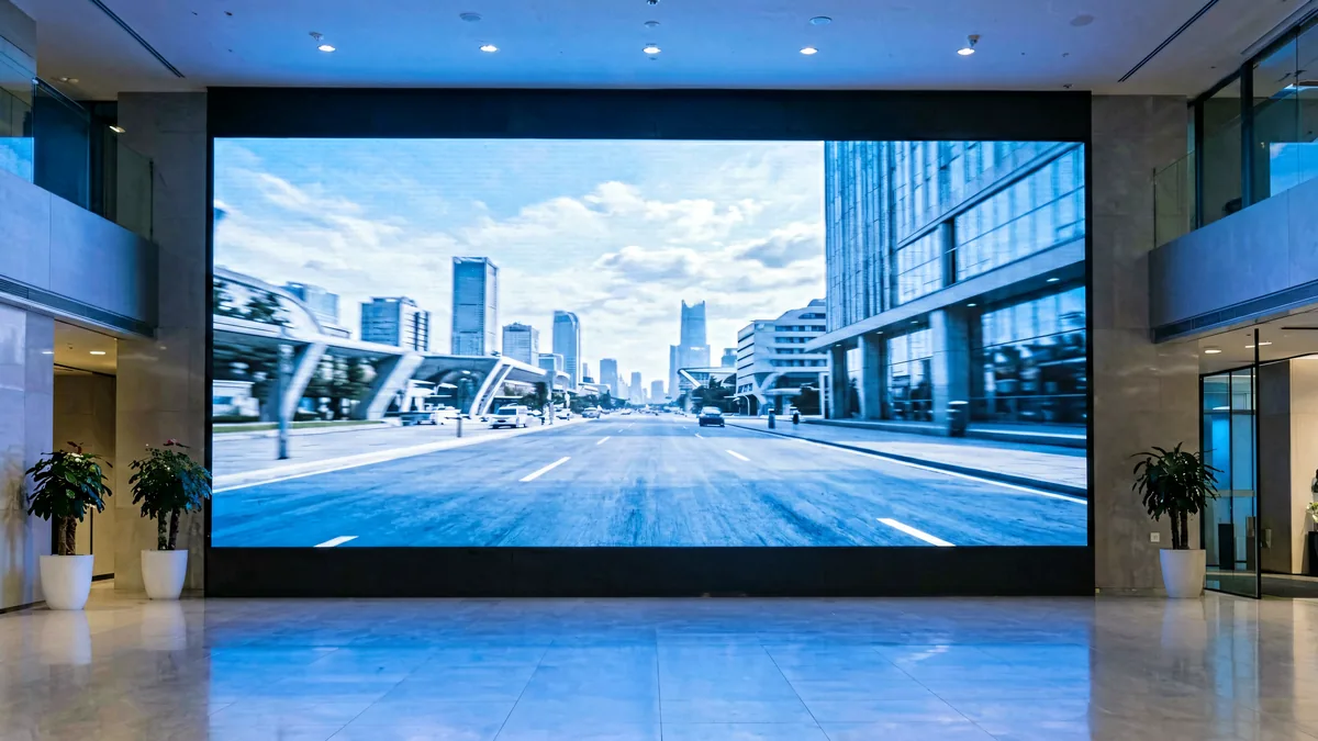 Fixed indoor LED video wall in a modern corporate lobby