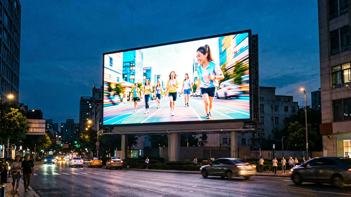 Large outdoor LED advertising billboard at dusk