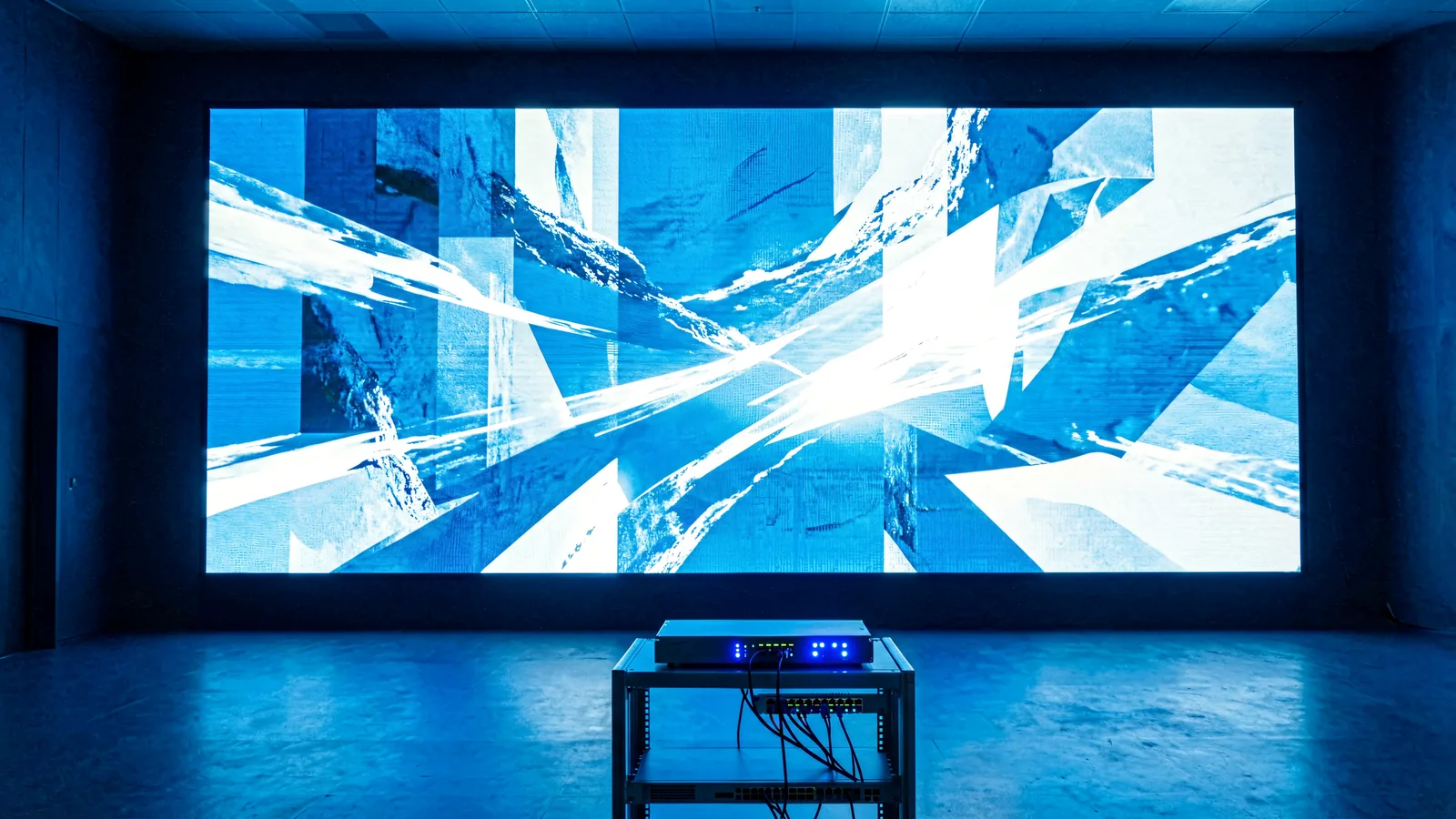 LED display control system: video processor, sending box and receiving cards driving a large indoor LED video wall in a modern control room