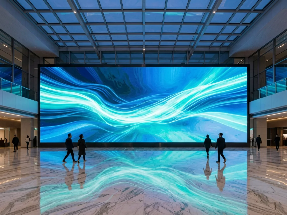 Large indoor atrium LED video wall in a building lobby