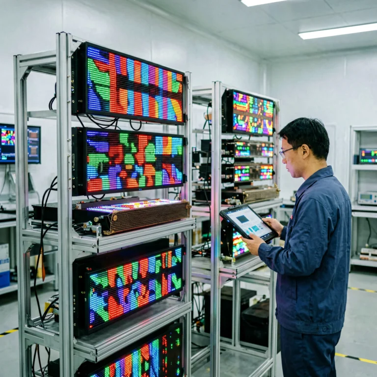 LEGIDATECH aging test lab with LED screens running 48 hour aging test