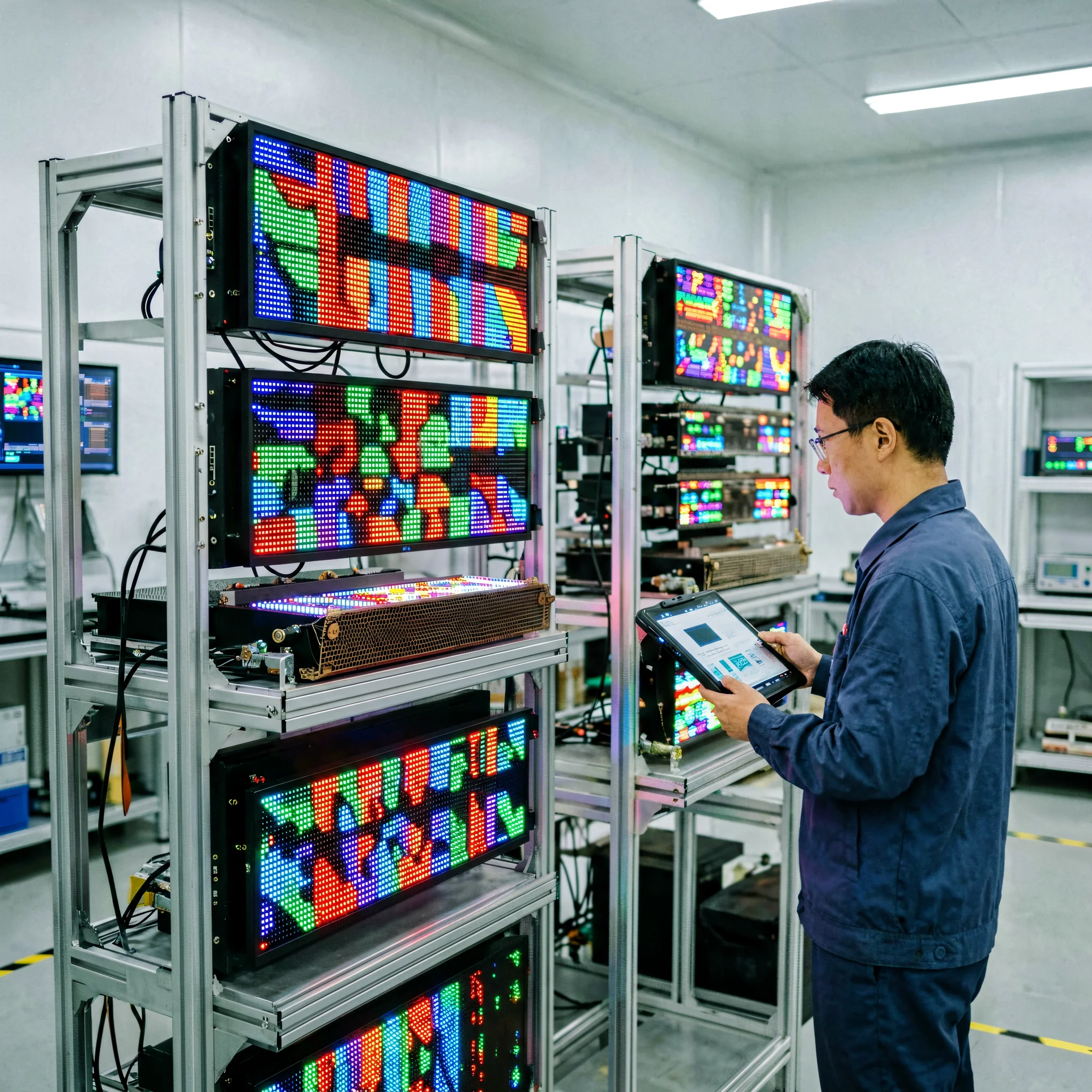 LEGIDATECH LED display aging test laboratory with 72-hour burn-in quality testing