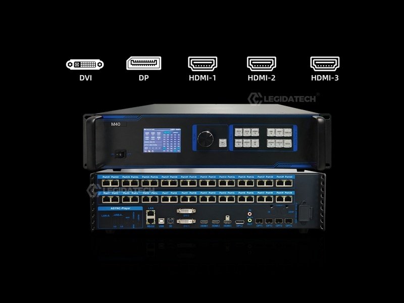 Mooncell M40 rear input panel showing HDMI 2.0 DP 1.2 and DVI ports for multi-format video connectivity
