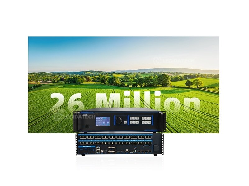 Mooncell M40 rear panel showing 40 Gigabit Ethernet ports 4 fiber optic interfaces HDMI DP DVI inputs and AC power supply