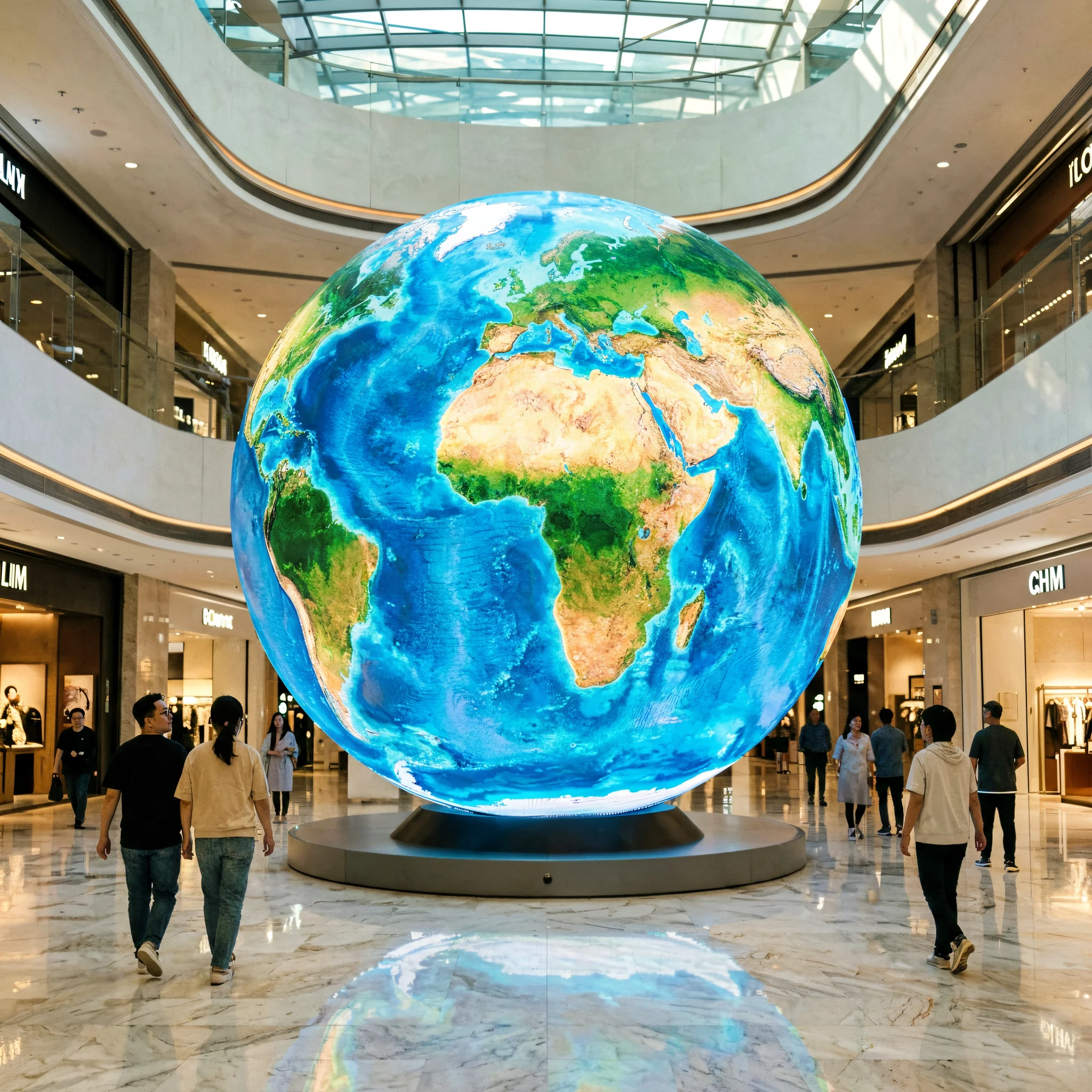 Indoor LED sphere display in shopping mall atrium controlled by Mooncell MB400S