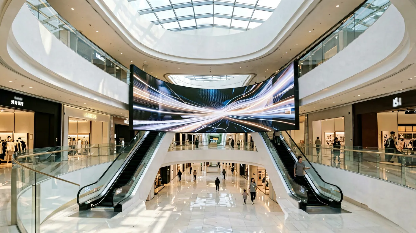 Atrio de varios niveles de una gran propiedad con una pantalla LED y visitantes en cada planta.